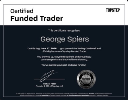 Topstep Certified Funded Trader certificate, George