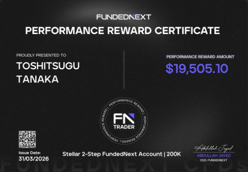 FundedNext certificate, Toshi, $19,505.10